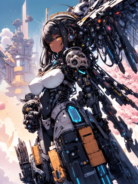 The most beautiful and sexy mecha warrior girl, black hair, yellow eyes, dark african skin, wearing highly detailed futuristic mecha battle armor, huge enormously gigantic tits, cleavage showing, tons of tattoos and piercings, in hyper futuristic city metr...