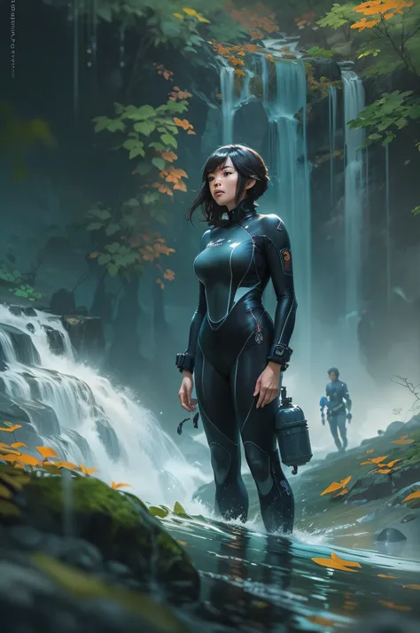 a japanese woman detective wearing wetsuit and scuba tanks at a very high dark and mysterious haunted waterfall (((action pose))...