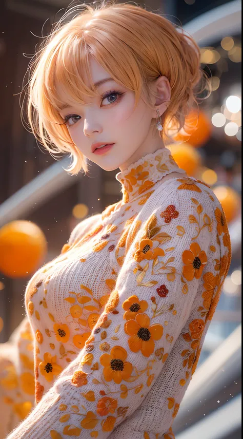 masutepiece, Best Quality, (1womanl), Ultra-detailed, finely detail, hight resolution, 8K picture quality, UHD, Perfect dynamic composition, Beautiful detailed eyes, Natural Lip, orange and white floral knitted dress, extra very short hair, Abstract backg...