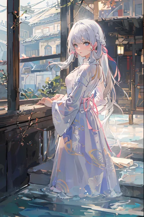 ((beautiful lighting, Best quality, 8K, Masterpiece: 1.3)), 1girl, Perfect body beauty: 1.4, Sweaty + wet skin,((white hair)), (White dress: 1.4), (onsen: 1.1), (Hot water bath), Soak, elegant,  Super Fine Face