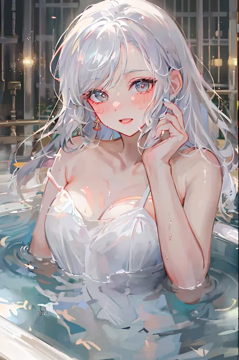 ((beautiful lighting, Best quality, 8K, Masterpiece: 1.3)), 1girl, Perfect body beauty: 1.4, Sweaty + wet skin,((white hair)), (White dress: 1.4), (onsen: 1.1), (Hot water bath), Soak, elegant,  Super Fine Face