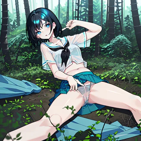 schoolgirls，with short black hair，Turquoise blue eyes，Transparent white pajamas，Super-short top，Superskirt，revealing her belly，exposing thighs，Lift the blouse with one hand，Lift the skirt with one hand，Lie down，Spread your legs，In the forest，In the wildern...