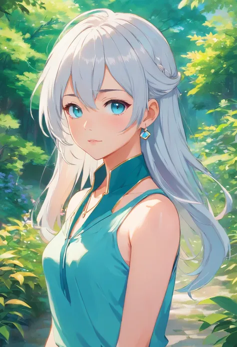 Girl in anime collar, long necklace and earrings, in the style of calm garden landscapes, Long white hair, Cyan eyes, UPPER BODY, Looking at the camera, Render, nice ass, masterpeace, Colorful animated footage, Masami Teraoka, aquamarine, Paul Gauguin, Emb...