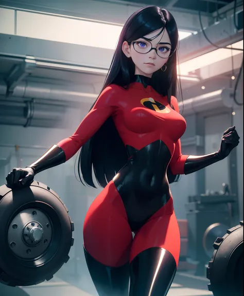 the generated prompt can be："violet parr,latex outfit,long black hair,vivid purple eyes,smoky makeup,big round butt,perfectly sc...