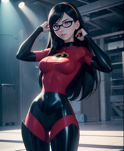 the generated prompt can be："violet parr,latex outfit,long black hair,vivid purple eyes,smoky makeup,big round butt,perfectly sc...