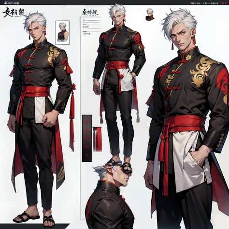 Character sheet, Handsome male. Perfect face, 6 ft 5 tall man. White hair. Short hair. Grey eyes. Eyepatch. Earrings. Toned body. Muscular male, character design sheet，full bodyesbian, Full of details, body front view, body back view,  Full body, front and...