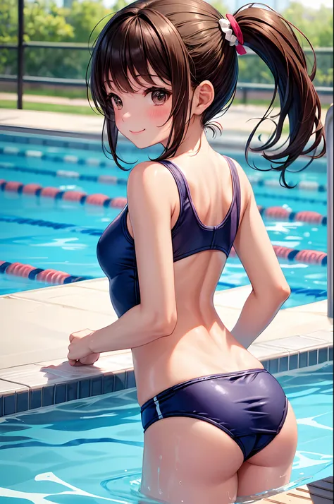 best quality,School swim wear、swim wears、A smile、Very cute、poneyTail、Brown hair、school swimming pool、I want to blush、Staring at this、tanline,back focus, 2girls