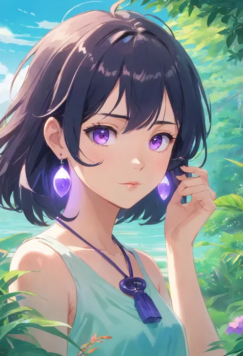 Girl in anime collar, long necklace and earrings, in the style of calm garden landscapes, short black hair with purple strands on the inside, curly hair, kblack eyes, purple pupils, Sullen look, upper-body, looking at the camera, Render, nice ass, masterpe...