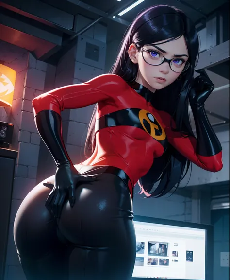 the generated prompt can be："violet parr,latex outfit,long black hair,vivid purple eyes,smoky makeup,big round butt,perfectly sc...