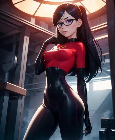 the generated prompt can be："violet parr,latex outfit,long black hair,vivid purple eyes,smoky makeup,big round butt,perfectly sc...