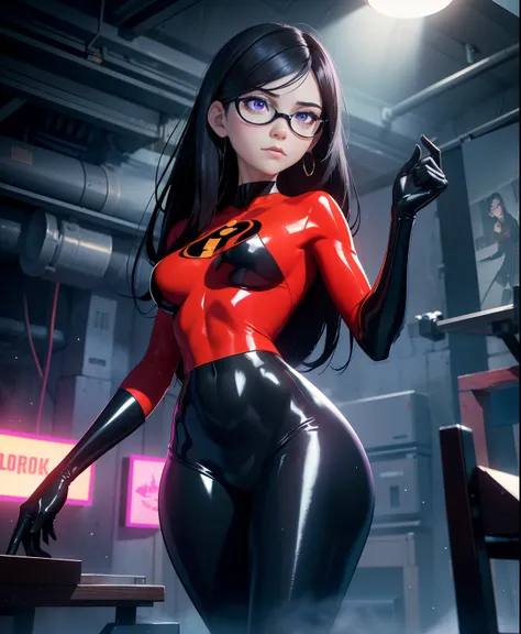 the generated prompt can be："violet parr,latex outfit,long black hair,vivid purple eyes,smoky makeup,big round butt,perfectly sc...