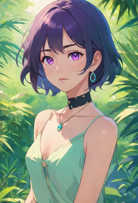 Girl in anime collar, long necklace and earrings, in the style of calm garden landscapes, short black hair with purple strands on the inside, curly hair, kblack eyes, Sullen look, upper-body, looking at the camera, Render, nice ass, masterpeace, Colorful a...