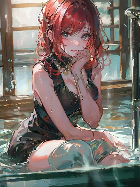 ((beautiful lighting, Best quality, 8K, Masterpiece: 1.3)), 1girl, Perfect body beauty: 1.4, Sweaty + wet skin,((red hair)), (White dress: 1.4), (Over the knee black stockings: 1.5), (onsen , night: 1.1), (Hot water bath), Super Fine Face