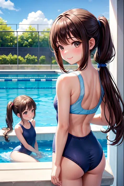 Best Quality,School swim wear、A smile、Very cute、poneyTail、Brown hair、school swimming pool、I want to blush、Staring at this、tanline,back focus, 2girls,asa,Happy