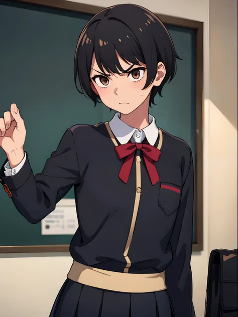 tomboy, small height, skinny, anorexic, pixie cut, black hair, schoolgirl, school uniform, light brown eyes, cute, in the school class, angry face, blushing