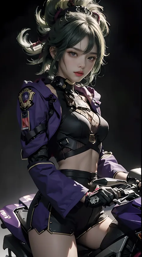 Highest image quality, outstanding details, ultra-high resolution, (realism: 1.4), the best illustration, favor details, highly condensed 1 girl, with a delicate and beautiful face, dressed in a black and purple mecha, short wavy green hair, holding a dire...