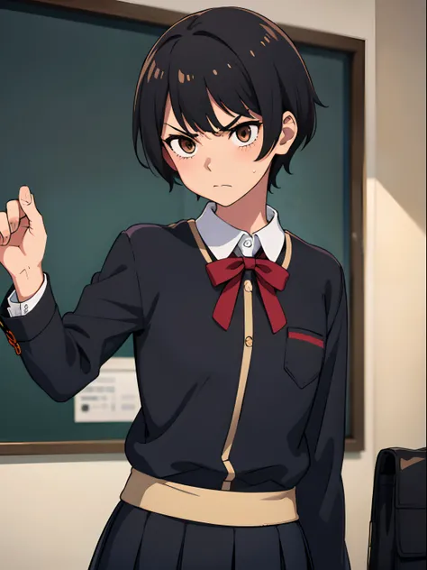 tomboy, small height, skinny, anorexic, pixie cut, black hair, schoolgirl, school uniform, light brown eyes, cute, in the school class, angry face, blushing