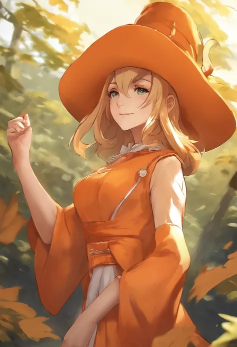 Anime girl in orange outfit and orange hat dancing, final fantasy tactics character, Sede de Arte, Chell, Natalie de Epic Battle Fantasy, Personagem JRPG, Ehime, Arte Oficial, arte oficial do personagem, Arte do personagem JRPG, Akiri Toriyama, Arte Oficia...