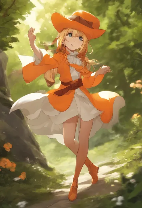 Anime girl in orange outfit and orange hat dancing, final fantasy tactics character, Sede de Arte, Chell, Natalie de Epic Battle Fantasy, Personagem JRPG, Ehime, Arte Oficial, arte oficial do personagem, Arte do personagem JRPG, Akiri Toriyama, Arte Oficia...