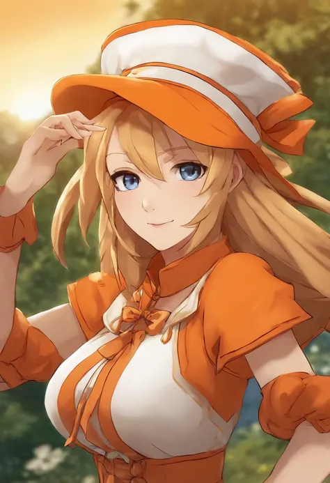 Anime girl in orange outfit and orange hat dancing, final fantasy tactics character, Sede de Arte, Chell, Natalie de Epic Battle Fantasy, Personagem JRPG, Ehime, Arte Oficial, arte oficial do personagem, Arte do personagem JRPG, Akiri Toriyama, Arte Oficia...