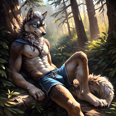 ((Solo)), male people, anthro wolf, (Multi-colored fur, White-brown:1.3，White tail pointed), ((Wolf face, White hair, Big eyes, White eyelids, Blue pupil, Slim:1.2) (Tough, Calm expression:1.2)), Abs, Slim, pinging)), (Correct anatomy), (Work shorts:1.1), ...