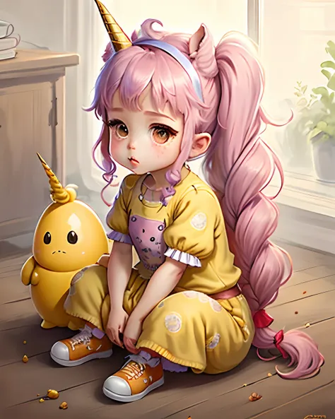 Create a cute mustard egg character and wear a unicorn outfit