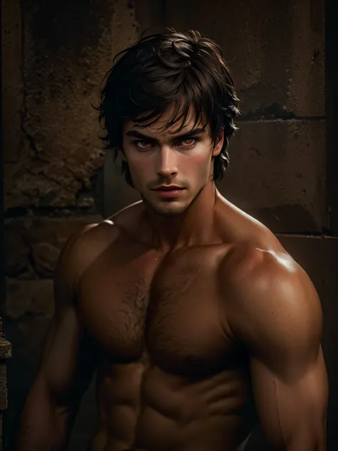 (8K, Best Quality, Masterpiece:1.2), (Photorealistic:1.4), RAW photo, Best Quality, extra high resolution, better shadow,(brown eye:1.4), (full - body:1.2), (Damon Salvatore), Ian Somerhalder ,  naked torso, Large-scale stunning surroundings, Horror, Dark ...