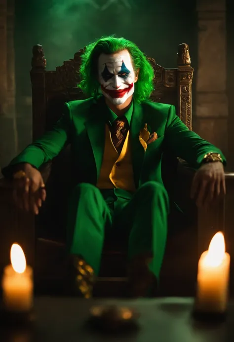 dc comics hq joker makeup green hair with smile devilish laugh eyes on fire neon eyes incandescent clothes typical of indigenous aztec sitting on a medieval throne dark environment dramatic light light from top to bottom 8k cinematic