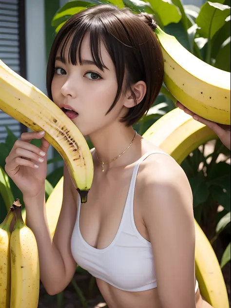 A short-haired girl lewdly sucks a single banana deep into her throat