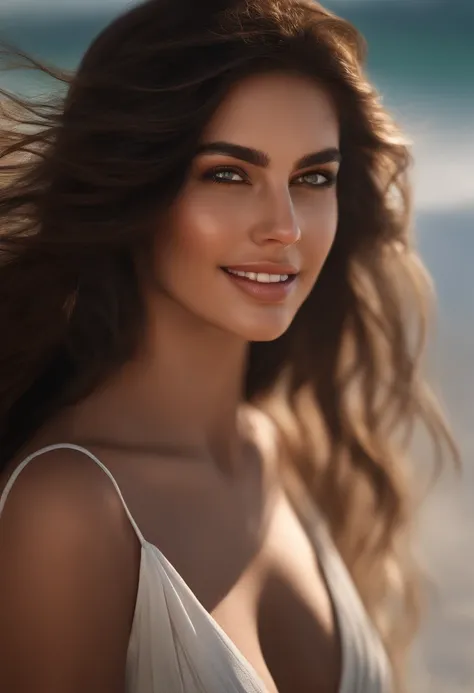 Cinematic soft lighting illuminates a stunningly detailed and ultra-realistic beautiful iraqi supermodel, beach look, long messy windy dark brown hair, clear green eyes, captivating perfect smile, sensual, hot woman, gorgeous, that is trending on ArtStatio...