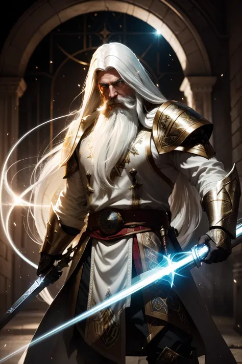 templar man, long beard, white hair, ((light glow effect))), dynamic panning photography move::1, midnight hour illuminationr, (masterpiece), best quality, perfect pretty face, 8k