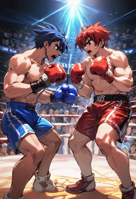 2 boxers trading blows,red vs blue, wearing boxing gloves,anime artstyle,hajime no ippo, extremely detailed, fighting game