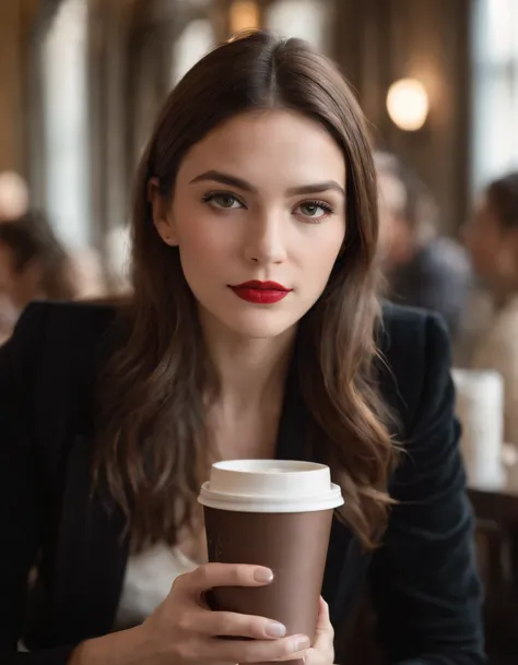 2010s fashion, medium close up, canon ef 85mm f/1.2l ii usm, a woman is sitting with her coffee in a restaurant，（Hands down）， wearing a black jacket and red lips, emphasis on facial expression, street fashion