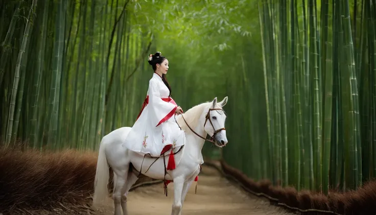 A woman dressed in traditional clothes rides a horse through a bamboo forest, Hanfu, palace ， Uma menina em Hanfu, Hanfu branco, wuxia, wuxia de corpo inteiro, vestindo roupas chinesas antigas, xianxia fantasia, com roupas chinesas acient, Chinese Costume,...