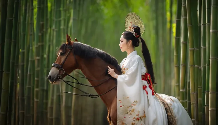 A woman dressed in traditional clothes rides a horse through a bamboo forest, Hanfu, palace ， Uma menina em Hanfu, Hanfu branco, wuxia, wuxia de corpo inteiro, vestindo roupas chinesas antigas, xianxia fantasia, com roupas chinesas acient, Chinese Costume,...