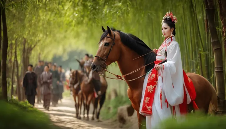 A woman dressed in traditional clothes rides a horse through a bamboo forest, Hanfu, palace ， Uma menina em Hanfu, Hanfu branco, wuxia, wuxia de corpo inteiro, vestindo roupas chinesas antigas, xianxia fantasia, com roupas chinesas acient, Chinese Costume,...