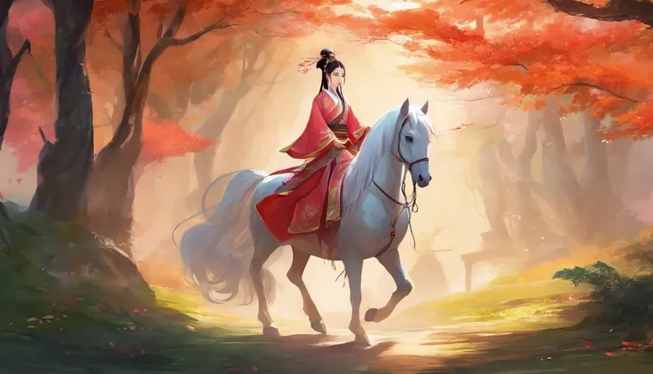 A woman dressed in traditional clothes rides a horse through a bamboo forest, Hanfu, palace ， Uma menina em Hanfu, Hanfu branco, wuxia, wuxia de corpo inteiro, vestindo roupas chinesas antigas, xianxia fantasia, com roupas chinesas acient, Chinese Costume,...