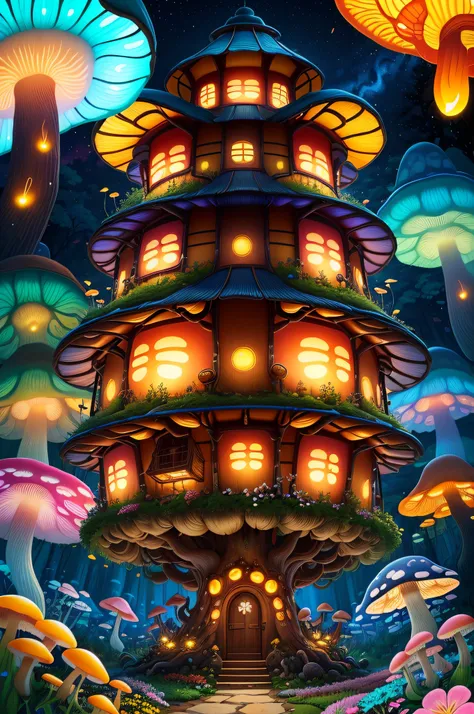 (Swirling clouds and colorful flowers), (forest fireflies fantasy korean mushroom house), (midnight), (Irregular), (mysterious), (ridiculous), dreamy, disney, t shirt design, vector,