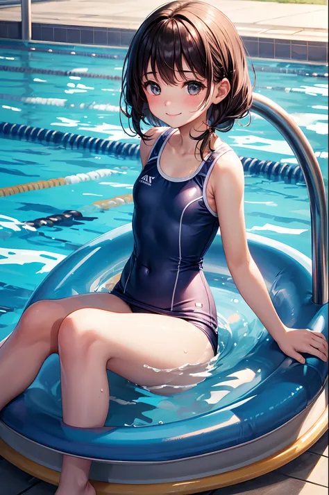 Best Quality, School swim wear,School swim wear、Swim、Very cute、A smile、bobhair、Golden head hair、Municipal swimming pool、I want to blush、Staring at this,、winc、Ride the water slide、Sit on a round float、