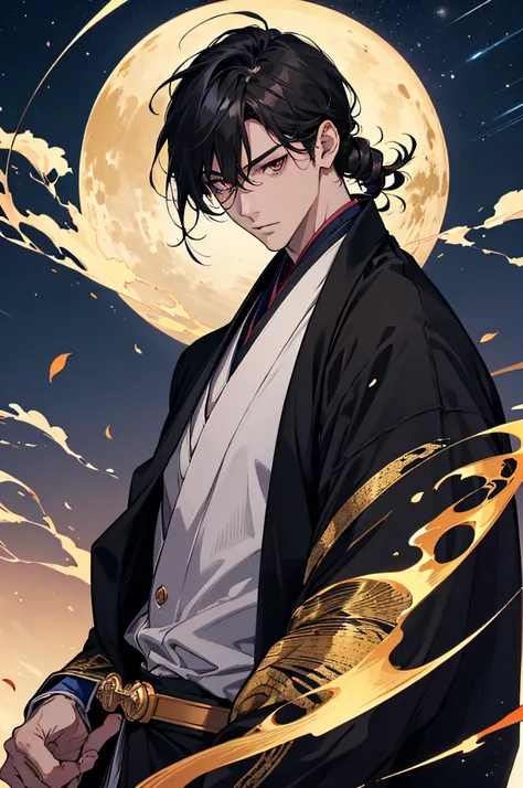 (masterpiece), best quality, ultra-high resolution, ((one man)), male, elegant, japanese God, Tsukuyomi, expressive eyes, perfect face, half body, looking at viewer, dutch angle, cowboy shot, (long black hair), (golden eye color), handsome, night time, cre...