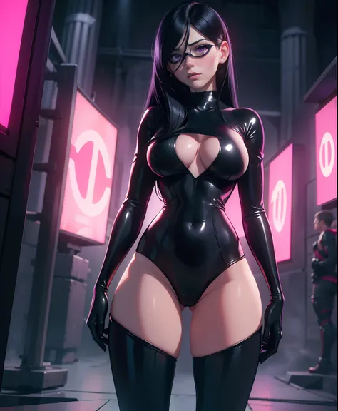 the generated prompt can be："violet parr,latex outfit,long black hair,vivid purple eyes,smoky makeup,big round butt,perfectly sc...