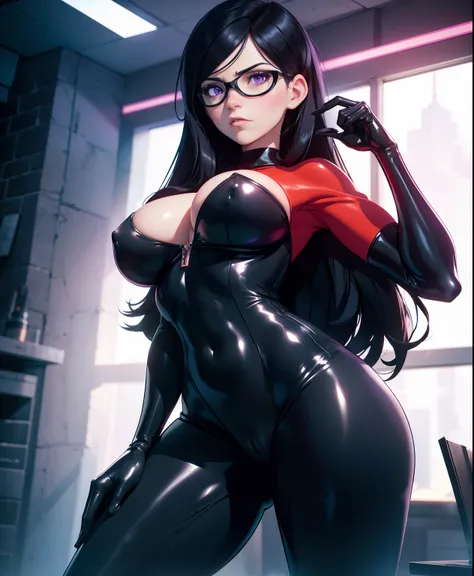 The generated prompt can be："violet parr,latex outfit,long black hair,vivid purple eyes,smoky makeup,big round butt,perfectly sculpted abs,(best quality,4k,8k,highres,masterpiece:1.2),ultra-detailed,(realistic,photorealistic,photo-realistic:1.37),portrait,...