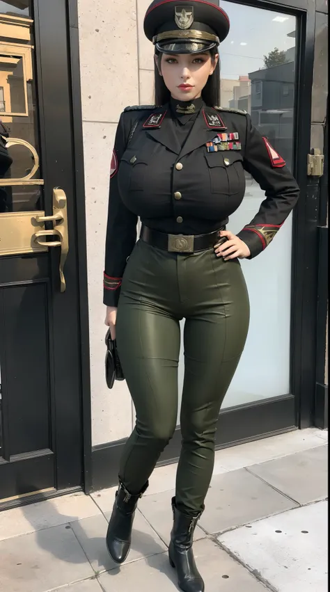 physically-based rendering, 1girl, Female soldier, (huge fake breasts:1.2), (street city), sexy muscular body, slim waist, big buttocks, (Full body:1.3), walking, skintight army pants, (military uniform:1.3).