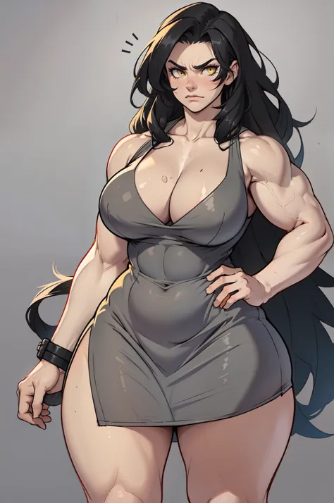 ((((muscular 1 girl)))) (thick thighs huge breasts grey background curvy wide hips) very long hair black hair angry yellow eyes pale skin cowboy shot sundress solo