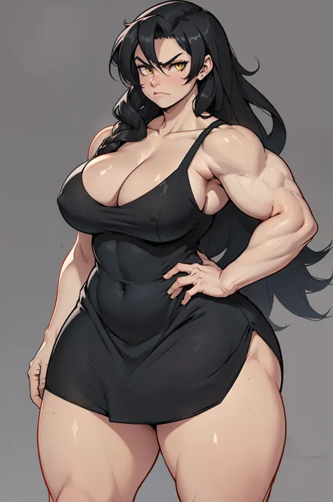 ((((muscular 1 girl)))) (thick thighs huge breasts grey background curvy wide hips) very long hair black hair angry yellow eyes pale skin cowboy shot sundress solo