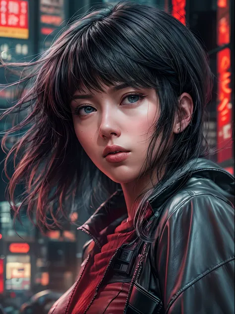 A cinematic waist up photorealistic color digital painting of [Ryoko Yonekura:Scarlet Johansson:0.5] as Major Motoko Kusanagi of The Cybercrime Detective of Ghost in the Shell anime scrutinize the city from the City Tower, detailed face, insanely detailed ...