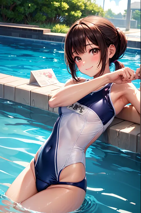 School swim wear、swim wears、beckoning、A smile、Very cute、poneyTail、Brown hair、school swimming pool、I want to blush、Staring at this、bob cuts, onepiece swimsuit、Do not name tag、Sleep on your back、Angle from below、