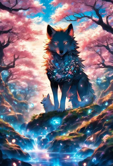 An enchanted wolf spirit, white hair, bright glowing blue eyes, tons of tattoos and piercings, in the most beautiful enchanted forest, graffiti and kanji elements in the background, cherry blossoms blowing in the wind, highly detailed background, incredibl...