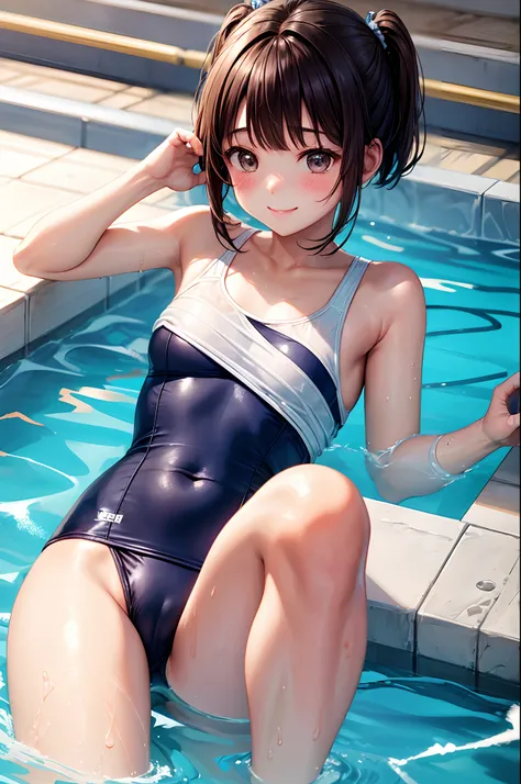 School swim wear、swim wears、A smile、Very cute、poneyTail、Brown hair、school swimming pool、I want to blush、Staring at this、bob cuts, onepiece swimsuit、peer in from below、