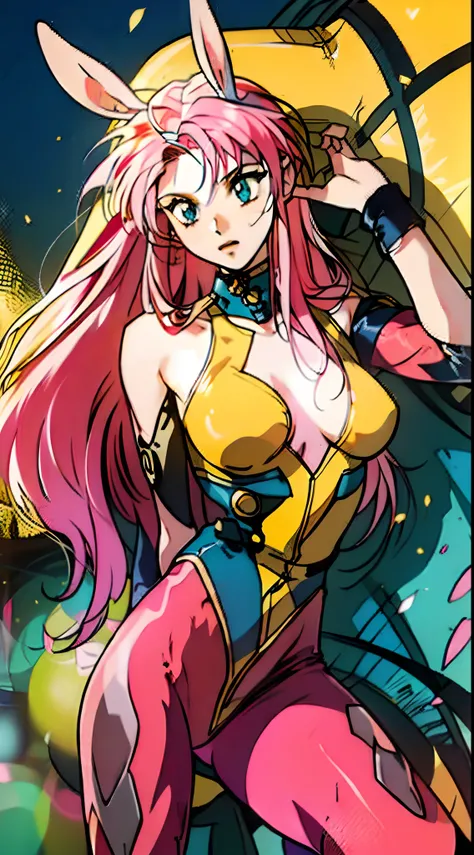 masterpiece:1.2, best quality), 1woman, cute face, adult mature female (spiky orange-pink hair, (orange-pink mullet 1.1)), (very long hair), blue eyes, (white/yellow pupil,) hero, sleeveless blue spandex bodysuit, long orange-pink rabbit ears, bodysuit ((m...
